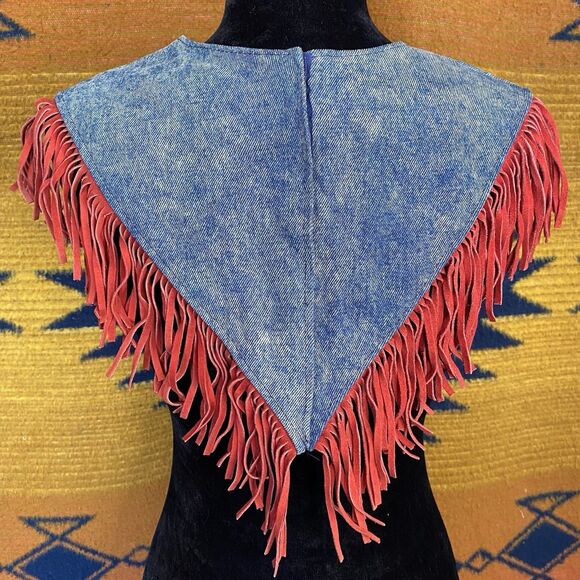 Vintage Pioneer Wear Dickie Western Aztec Leather Denim Fringe Bib. OSFM. USA - Picture 3 of 11